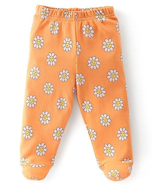 Babyhug Interlock Booties Pant With Floral Print Pack Of 3 - Orange Pink & Purple