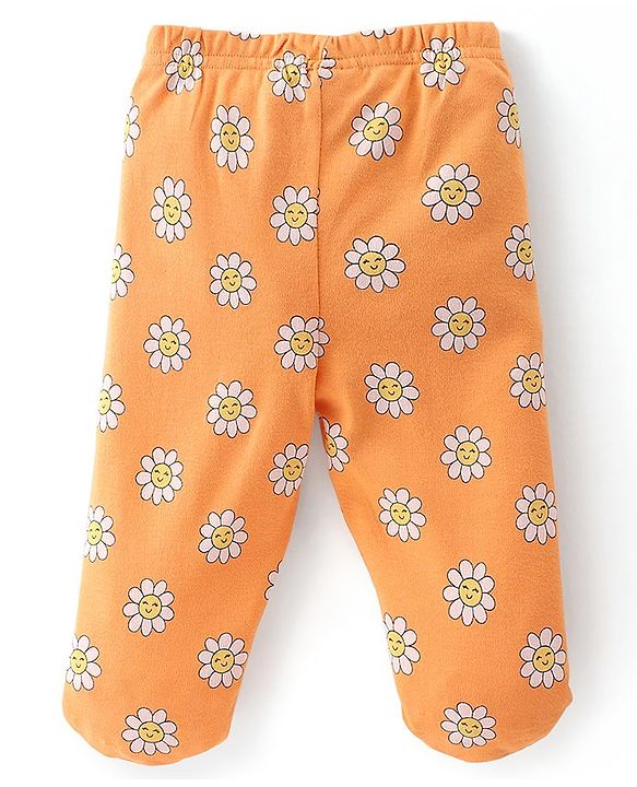 Babyhug Interlock Booties Pant With Floral Print Pack Of 3 - Orange Pink & Purple