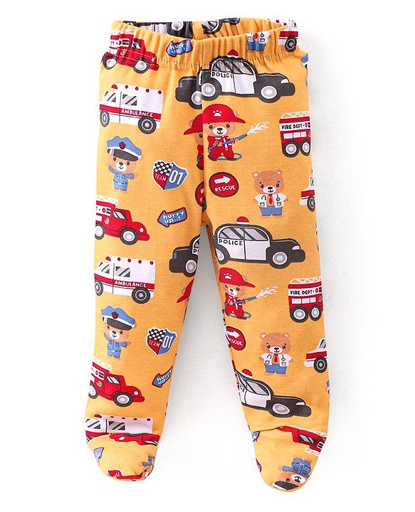 Babyhug Interlock Booties Pant Striped & Car Print Pack of 3 - Yellow & Blue