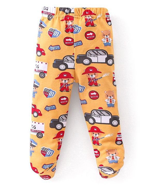 Babyhug Interlock Booties Pant Striped & Car Print Pack of 3 - Yellow & Blue