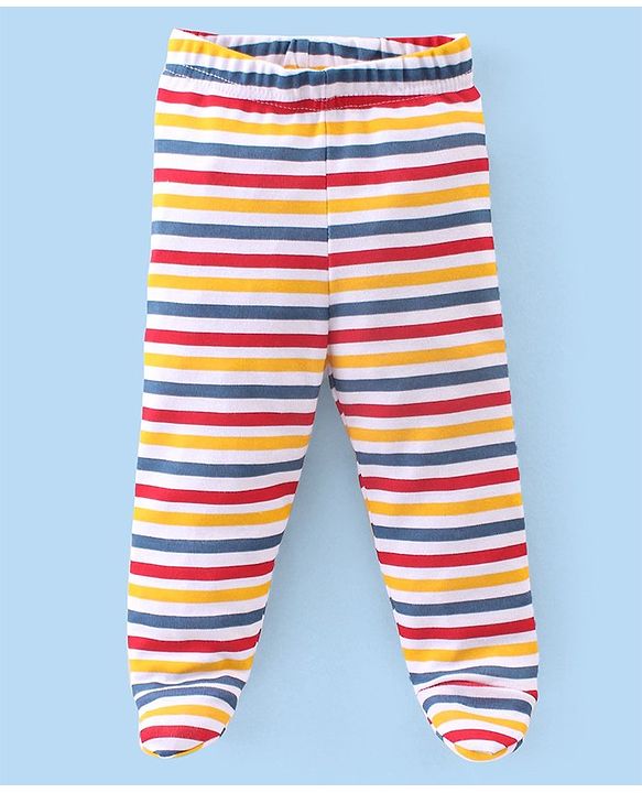 Babyhug Interlock Booties Pant Striped & Car Print Pack of 3 - Yellow & Blue