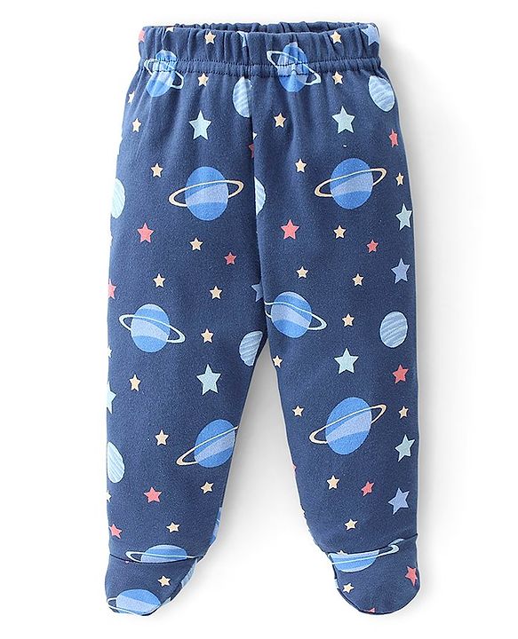 Babyhug Cotton Knit Solid Colour & Planets Printed Bootie Pants Pack of 3 - Multicolour