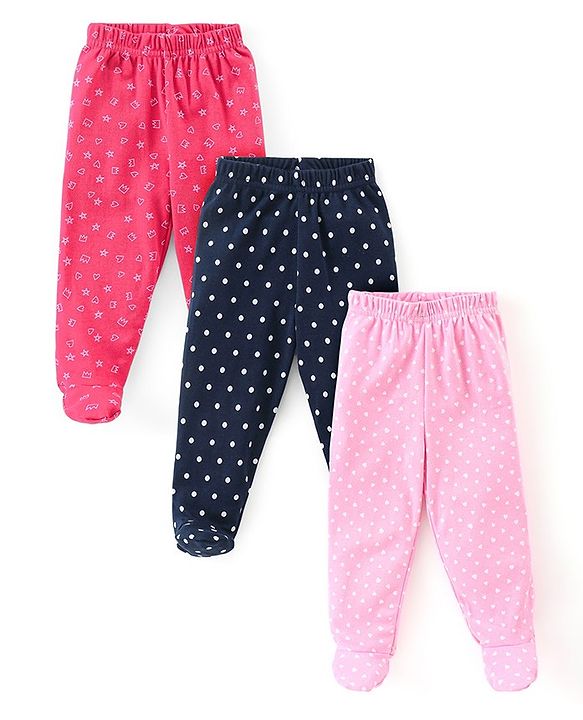 Babyhug Cotton Knit Footed Bootie Leggings Polka Dots Printed Pack of 3 - Pink & Navy Blue