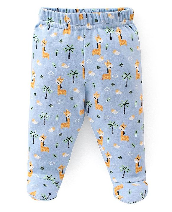 Babyhug Cotton Knit Striped & Giraffe Printed Bootie Pants Pack of 3 - Blue