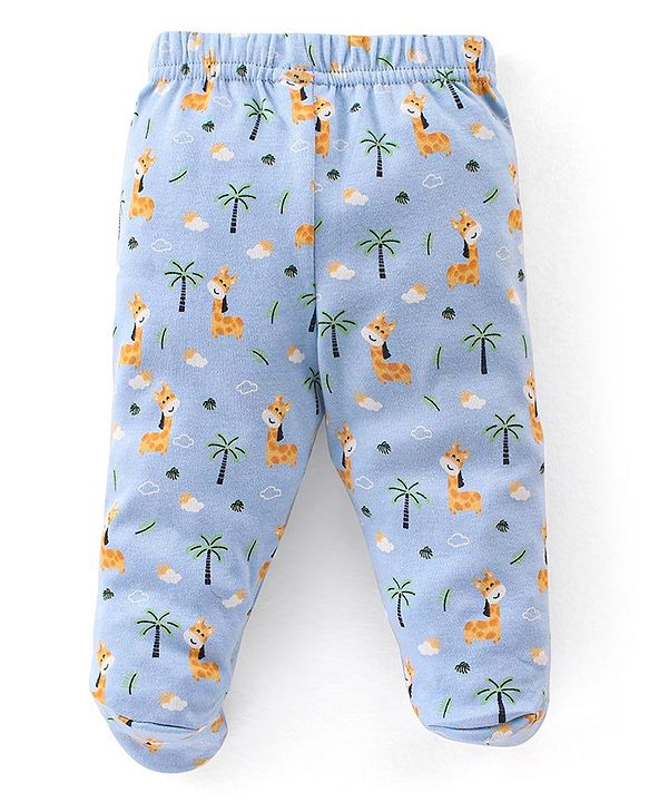 Babyhug Cotton Knit Striped & Giraffe Printed Bootie Pants Pack of 3 - Blue