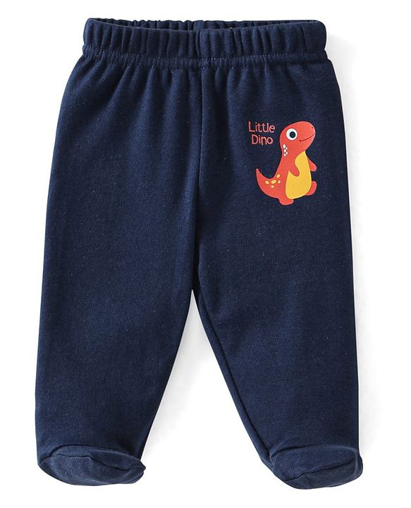 Babyhug Cotton Knit Dino Print Footed Pants Pack of 3 - Blue & Red
