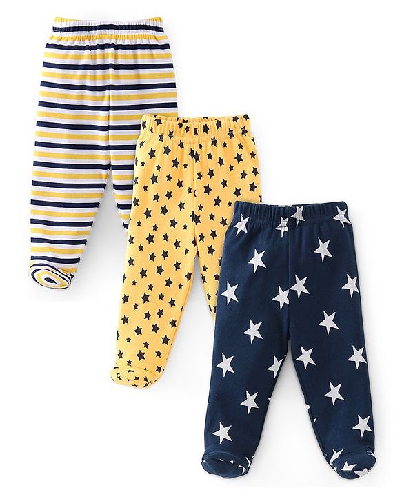 Babyhug Cotton Knit Striped & Stars Printed Bootie Leggings Pack of 3 - Blue & Yellow