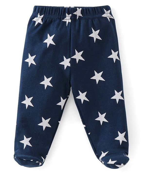 Babyhug Cotton Knit Striped & Stars Printed Bootie Leggings Pack of 3 - Blue & Yellow