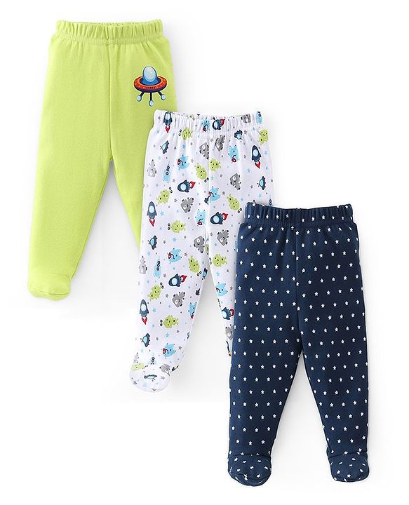Babyhug Cotton Knit Space Ships & Stars Printed Bootie Pants Pack of 3- Multicolour