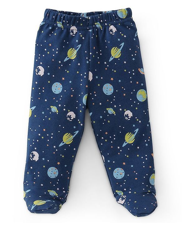 Babyhug Cotton Knit Interlock Booties Pant Striped & Astronaut Print Pack of 3 - Yellow & Blue
