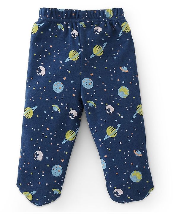Babyhug Cotton Knit Interlock Booties Pant Striped & Astronaut Print Pack of 3 - Yellow & Blue