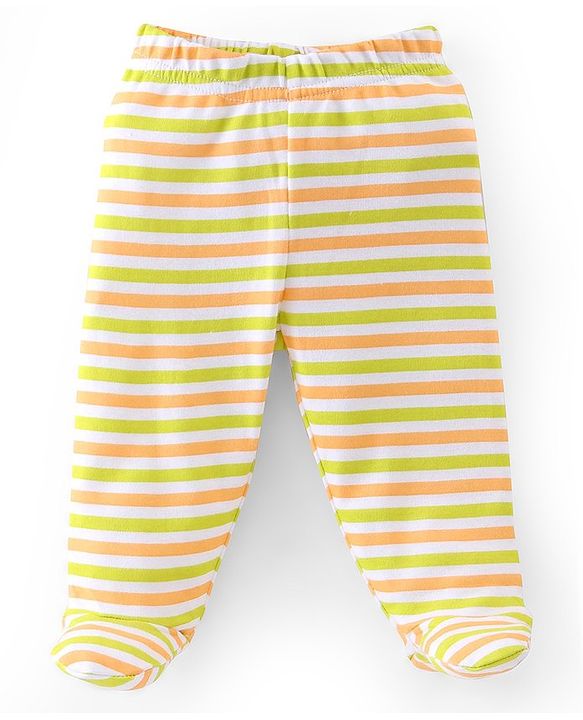 Babyhug Cotton Knit Interlock Booties Pant Striped & Astronaut Print Pack of 3 - Yellow & Blue