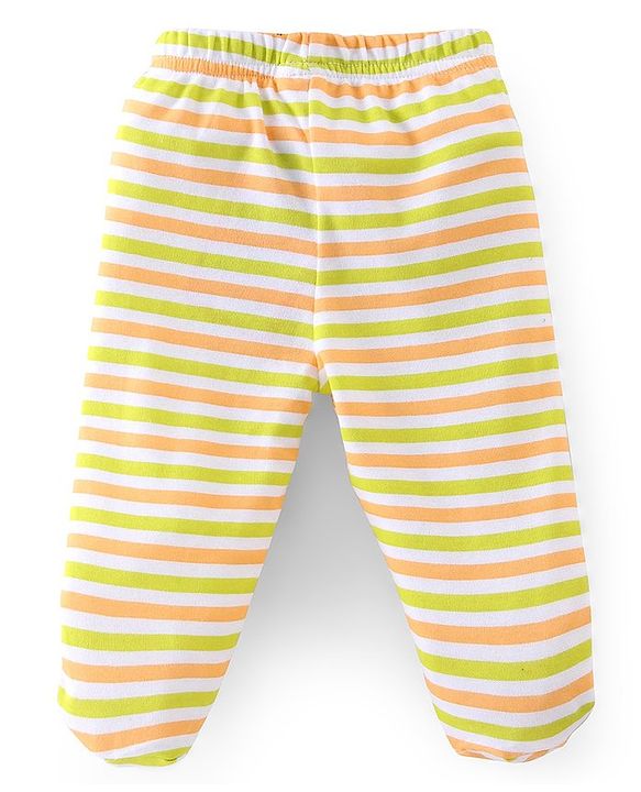 Babyhug Cotton Knit Interlock Booties Pant Striped & Astronaut Print Pack of 3 - Yellow & Blue