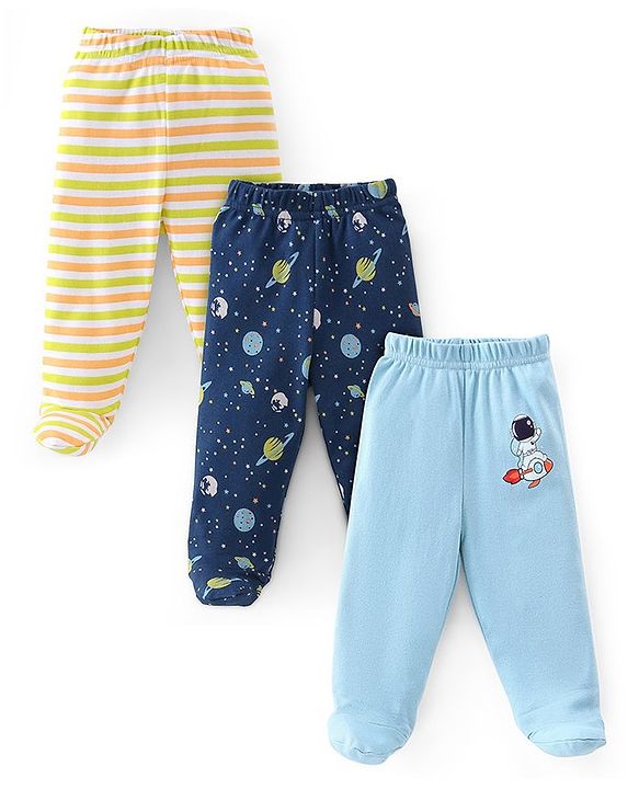 Babyhug Cotton Knit Interlock Booties Pant Striped & Astronaut Print Pack of 3 - Yellow & Blue