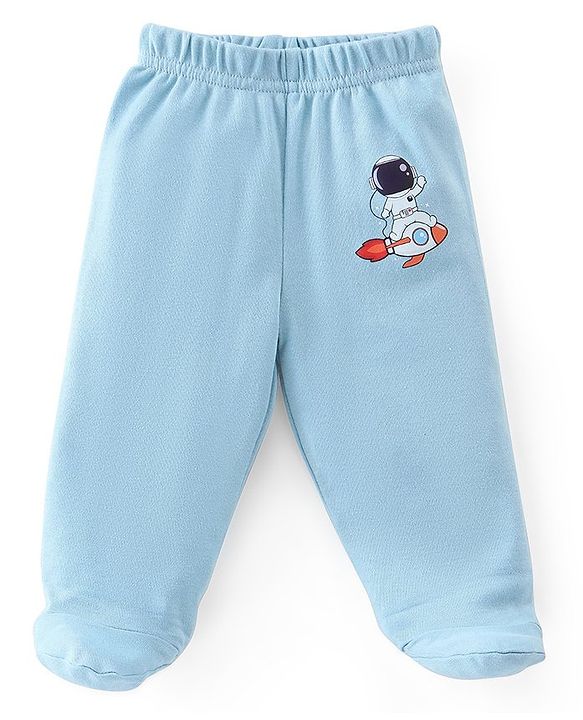 Babyhug Cotton Knit Interlock Booties Pant Striped & Astronaut Print Pack of 3 - Yellow & Blue