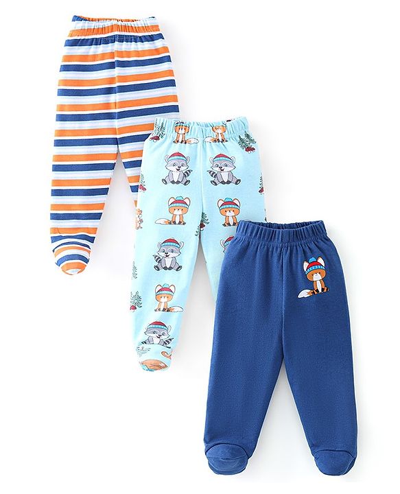 Babyhug Cotton Knit Interlock Booties Pant Striped & Raccoon Print Pack of 3 - Multicolour