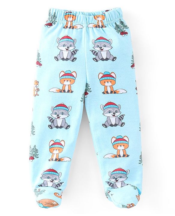 Babyhug Cotton Knit Interlock Booties Pant Striped & Raccoon Print Pack of 3 - Multicolour