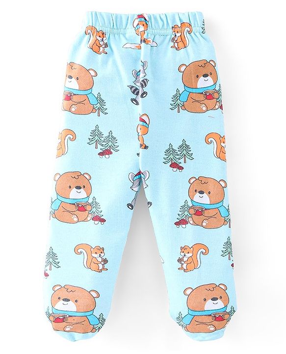 Babyhug Cotton Knit Interlock Booties Pant Striped & Raccoon Print Pack of 3 - Multicolour