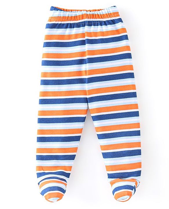 Babyhug Cotton Knit Interlock Booties Pant Striped & Raccoon Print Pack of 3 - Multicolour