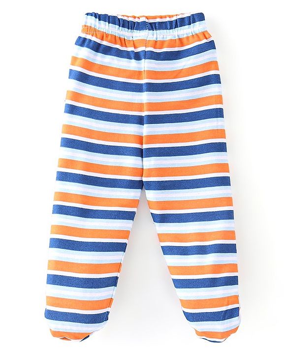 Babyhug Cotton Knit Interlock Booties Pant Striped & Raccoon Print Pack of 3 - Multicolour