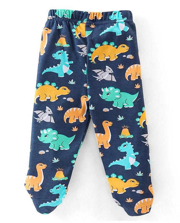 Babyhug Cotton Interlock Knit Full Length Bootie Pants Dino Print Pack of 3 - Blue