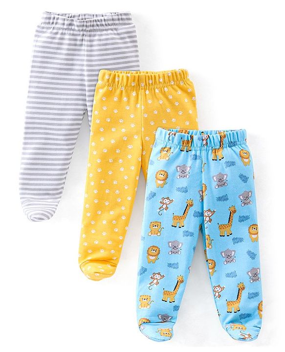 Babyhug Cotton Knit Striped & Jungle Printed Bootie Pants Pack of 3 - Multicolour