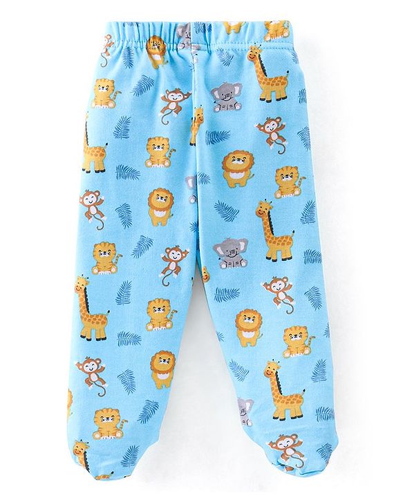 Babyhug Cotton Knit Striped & Jungle Printed Bootie Pants Pack of 3 - Multicolour