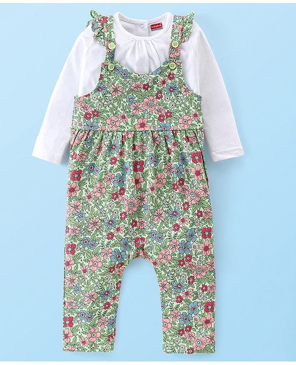 Babyhug Cotton Jerssey Knit Dungaree with Full Sleeves Inner Tee Floral Print - Off White