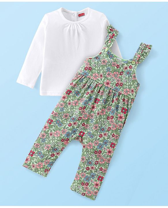Babyhug Cotton Jerssey Knit Dungaree with Full Sleeves Inner Tee Floral Print - Off White
