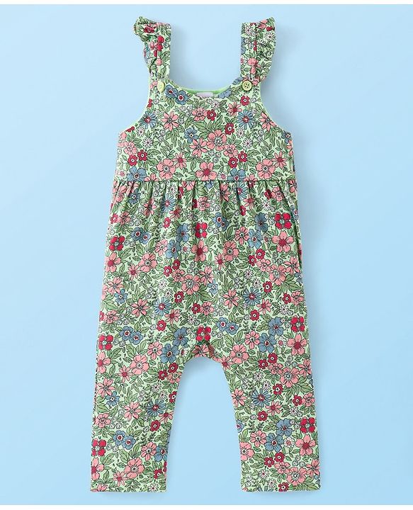 Babyhug Cotton Jerssey Knit Dungaree with Full Sleeves Inner Tee Floral Print - Off White