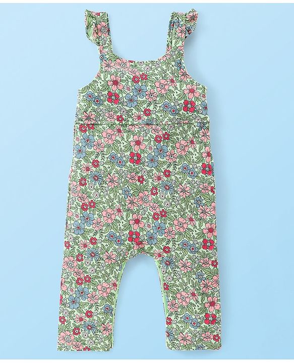 Babyhug Cotton Jerssey Knit Dungaree with Full Sleeves Inner Tee Floral Print - Off White