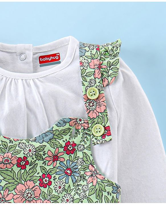 Babyhug Cotton Jerssey Knit Dungaree with Full Sleeves Inner Tee Floral Print - Off White
