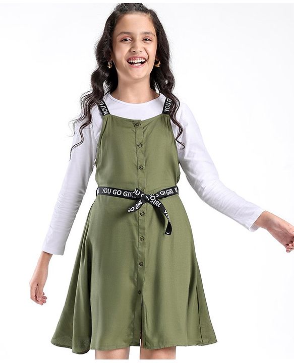 Pine Kids Woven Frock With Full Sleeves Inner Tee & Printed Belt - Olive & White