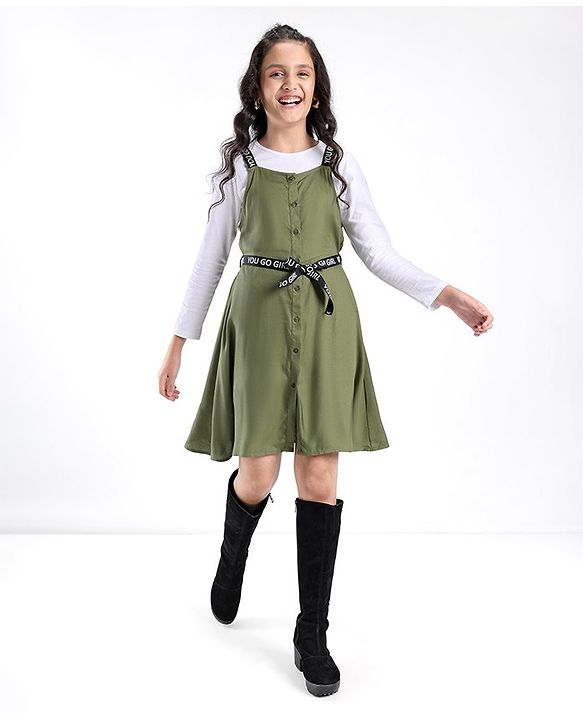 Pine Kids Woven Frock With Full Sleeves Inner Tee & Printed Belt - Olive & White