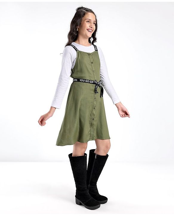 Pine Kids Woven Frock With Full Sleeves Inner Tee & Printed Belt - Olive & White