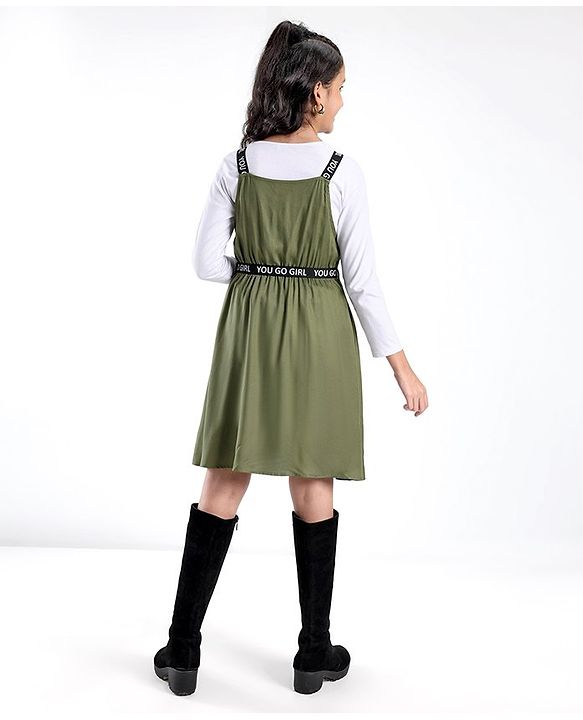 Pine Kids Woven Frock With Full Sleeves Inner Tee & Printed Belt - Olive & White