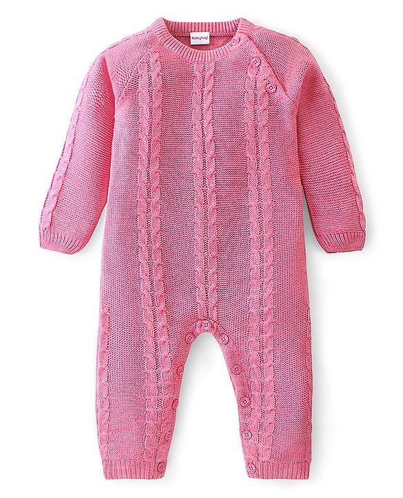 Babyhug Knitted Full Sleeves Winter Wear Romper with Cable Knit Design - Pink