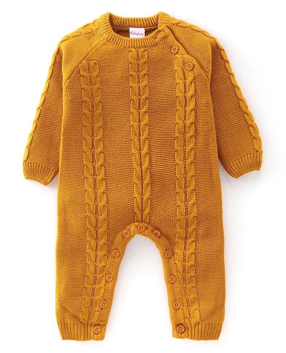 Babyhug Knitted Full Sleeves Winter Wear Romper with Cable Knit Design - Mustard Yellow