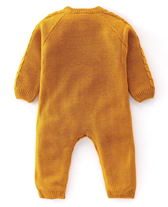 Babyhug Knitted Full Sleeves Winter Wear Romper with Cable Knit Design - Mustard Yellow