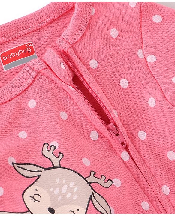 Babyhug Cotton Interlock Knit Full Sleeves Sleepsuit Deer Print - Pink