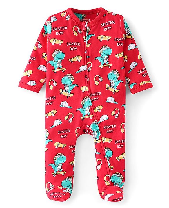 Babyhug Cotton Knit Full Sleeves Dino Printed Footed Sleep Suit - Red