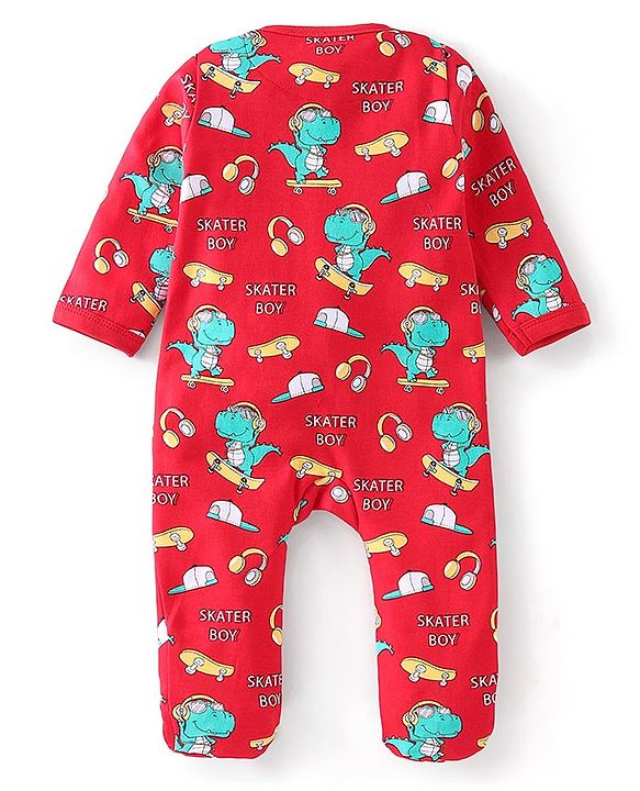 Babyhug Cotton Knit Full Sleeves Dino Printed Footed Sleep Suit - Red