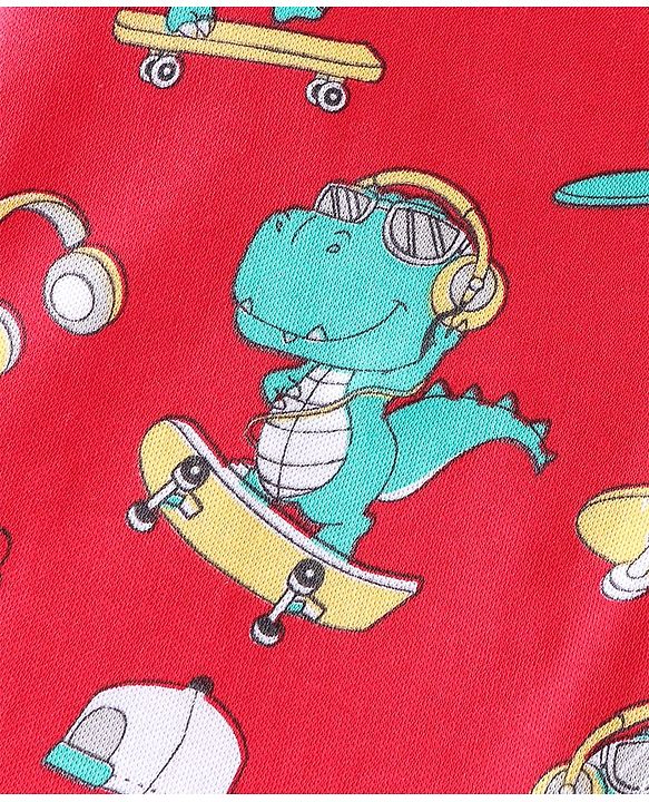 Babyhug Cotton Knit Full Sleeves Dino Printed Footed Sleep Suit - Red