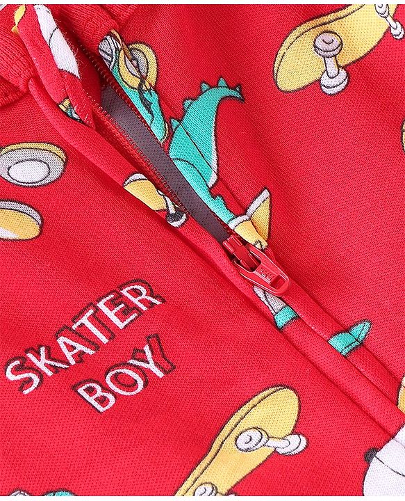 Babyhug Cotton Knit Full Sleeves Dino Printed Footed Sleep Suit - Red