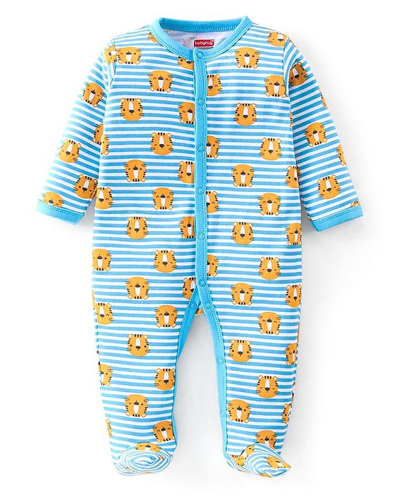 Babyhug Cotton Knit Full Sleeves Footed Sleep Suit Tiger Print & Striped - Blue