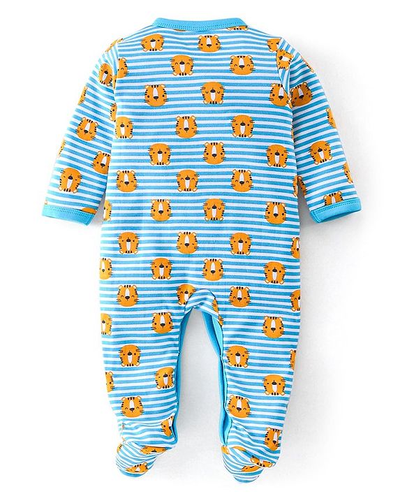 Babyhug Cotton Knit Full Sleeves Footed Sleep Suit Tiger Print & Striped - Blue