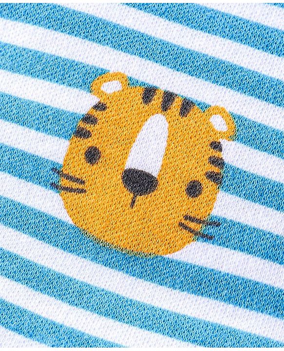 Babyhug Cotton Knit Full Sleeves Footed Sleep Suit Tiger Print & Striped - Blue