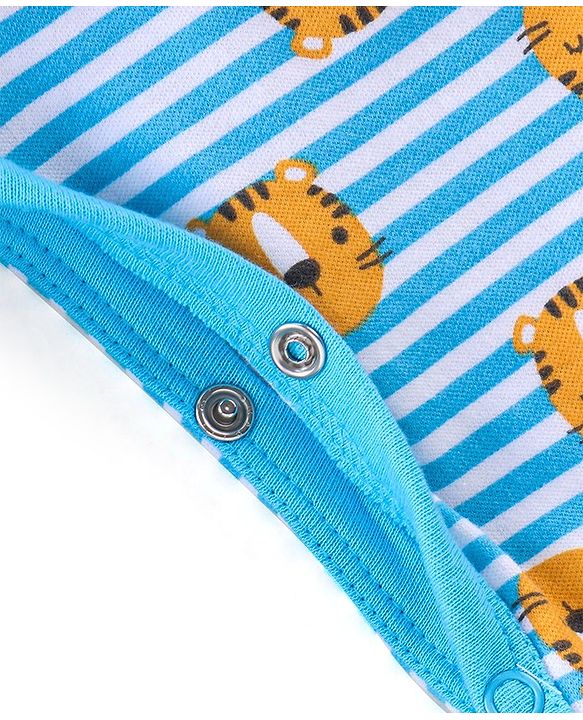 Babyhug Cotton Knit Full Sleeves Footed Sleep Suit Tiger Print & Striped - Blue