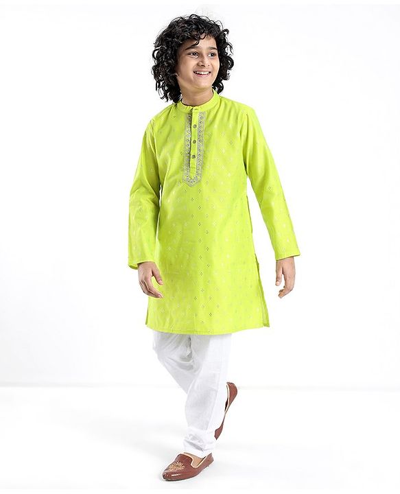 Pine Kids Embroidered Full Sleeves Kurta Pyjama Set- Lime Green
