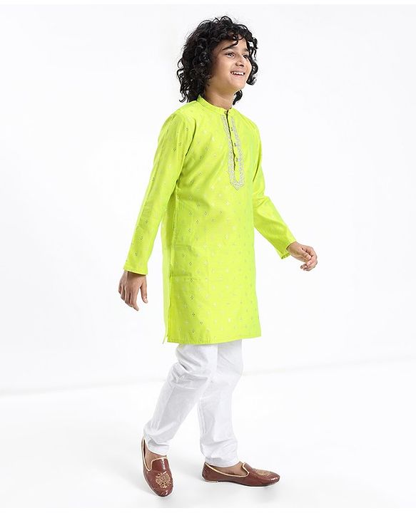 Pine Kids Embroidered Full Sleeves Kurta Pyjama Set- Lime Green